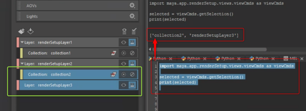 Render Setup エディタで選択中のコレクションとレイヤーが水色にハイライトされた状態