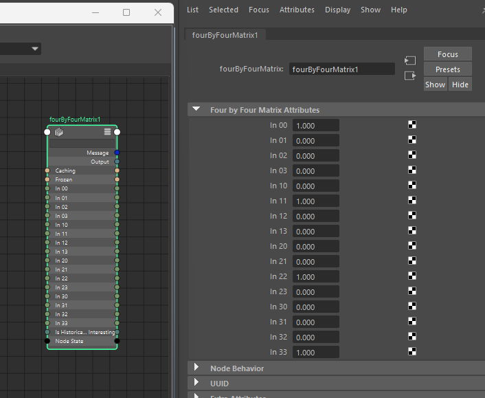 MayaのfourByFourMatrixノードで数値から行列を作成する設定