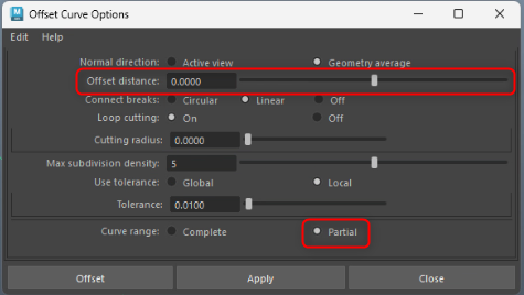 Offset distanceを0.0、Curve range を Partialに設定する