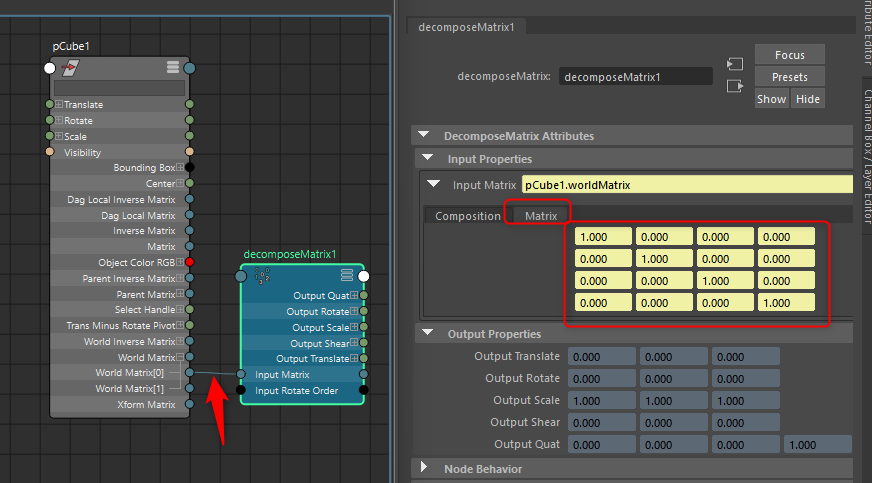 MayaのdecomposeMatrixノードで行列の値を確認する画面