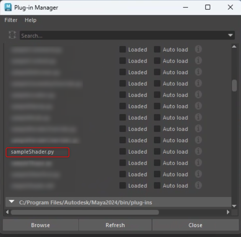 MayaのPlug-in ManagerでsampleShader.pyを読み込む操作