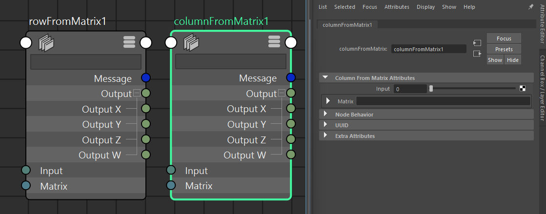 MayaのrowFromMatrix・columnFromMatrixノードで行列の行・列を取得する画面