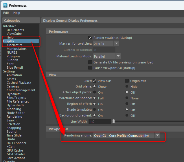 MayaのRendering engineをOpenGL-Core Profileへ変更する設定