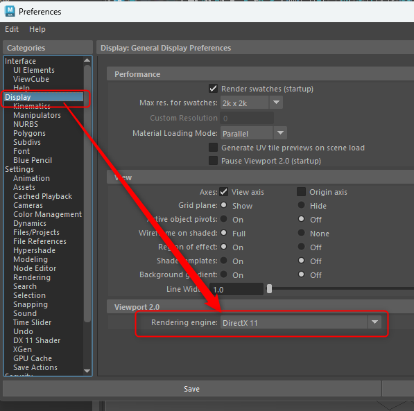MayaのRendering engineをDirectX 11へ変更する設定