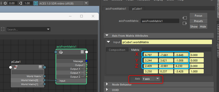 MayaのaxisFromMatrixノードで軸要素を取得する画面
