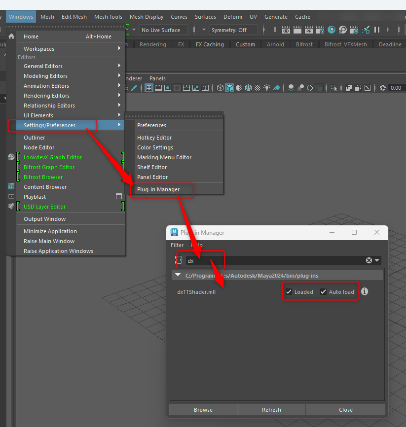 MayaのPlug-in Managerでdx11Shader.mllを有効にする設定