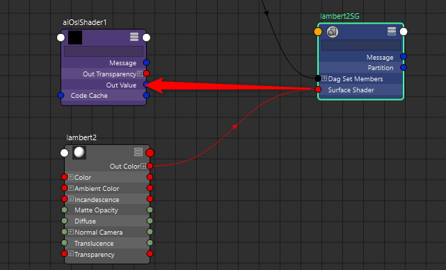 SGノードのSurface ShaderへaiOslShaderのOut Valueを接続した状態