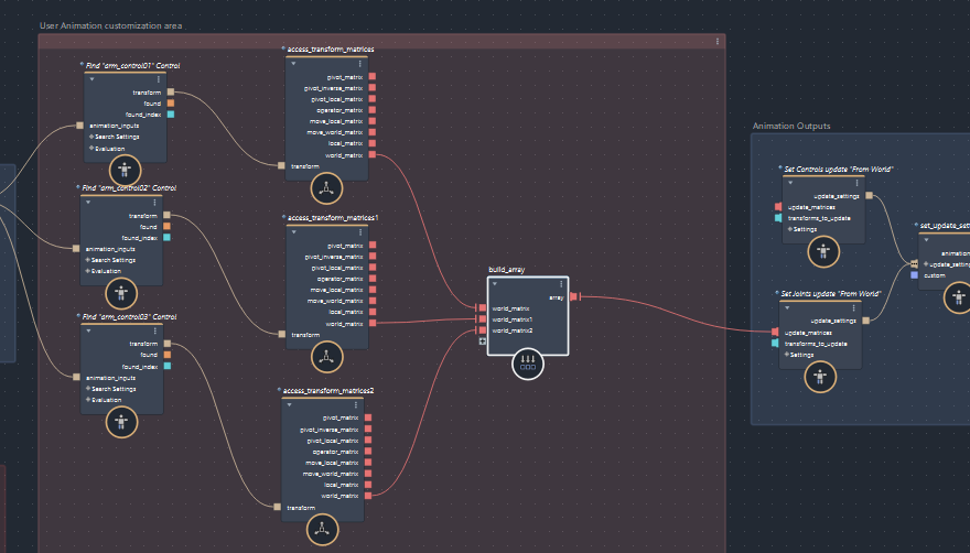 access_transform_matricesからSet Jointsへの接続でジョイントを追従させるグラフ