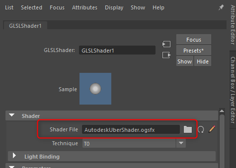 glslShaderノードのShader Fileへogsfxファイルを指定する設定