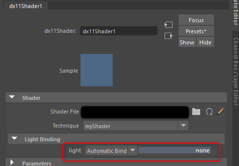 HLSLのDirectionセマンティクスによりAttribute Editorにライト選択UIが表示された画面