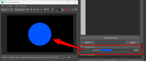 Input Colorの赤をOut Colorへそのまま渡したOSLシェーダーのレンダリング結果
