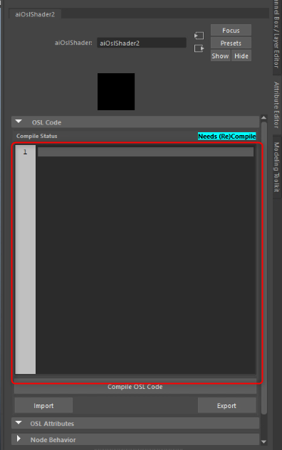 aiOslShaderのAttribute Editorに表示されたOSL Code入力欄
