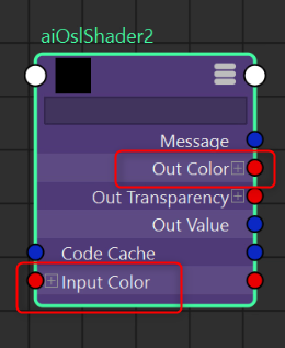 Node EditorのaiOslShaderにInput ColorとOut Colorのアトリビュートが追加された状態
