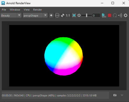 Maya ArnoldでOSLのグローバル変数Pの座標値をRGBとして球体に出力した結果