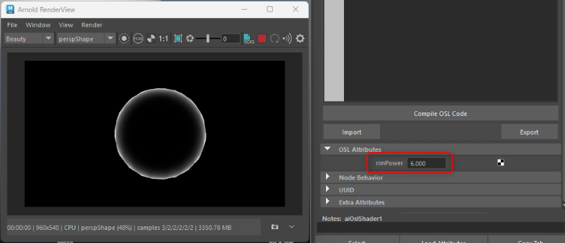 Maya ArnoldのaiOslShaderでrimPowerを6.0に設定し、球体の白い輪郭を細く調整した結果