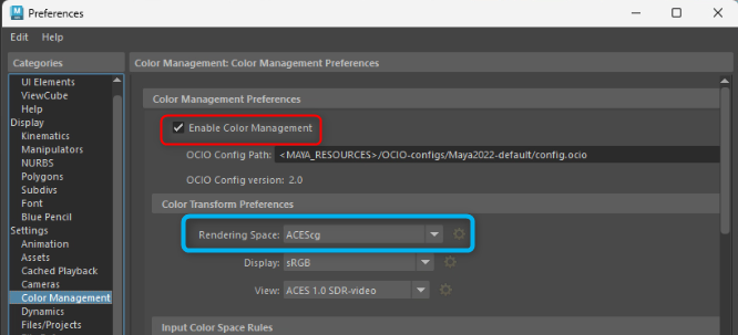 MayaのColor Management設定にあるACEScgのRendering Spaceと有効化項目