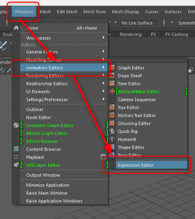 MayaのExpression EditorでSelect FilterをScript Node Nameに切り替えるメニュー
