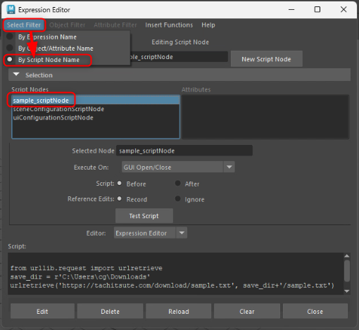 MayaのExpression Editorに表示されたsample_scriptNodeの設定内容