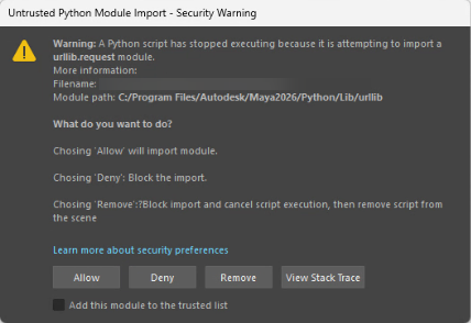 Mayaシーンを開いた際にスクリプト実行の許可を求めるSecurity Warning