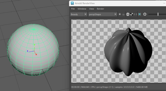 Subdivision Iterationsを増やし、ディスプレイスメント表面を滑らかにした球体