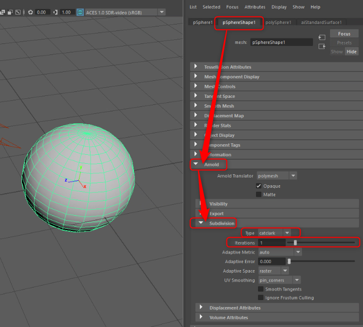 Maya Attribute EditorのArnold Subdivision設定でTypeをCatclarkへ変更する画面