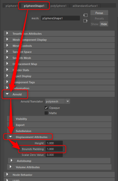 Maya ShapeノードのArnold設定にあるBounds Padding入力欄