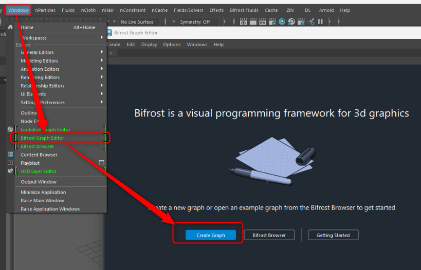 MayaのBifrost Graph Editorで作成した新規グラフ
