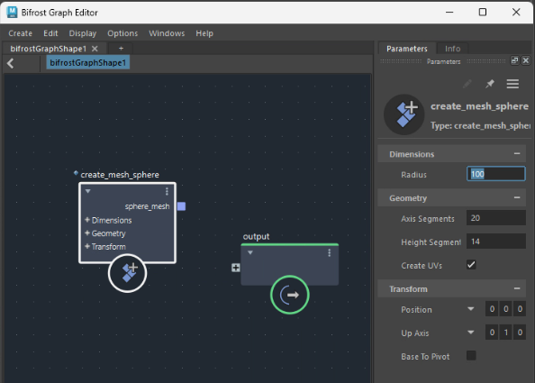 create_mesh_sphereノードのRadiusを100に設定したBifrost Graph