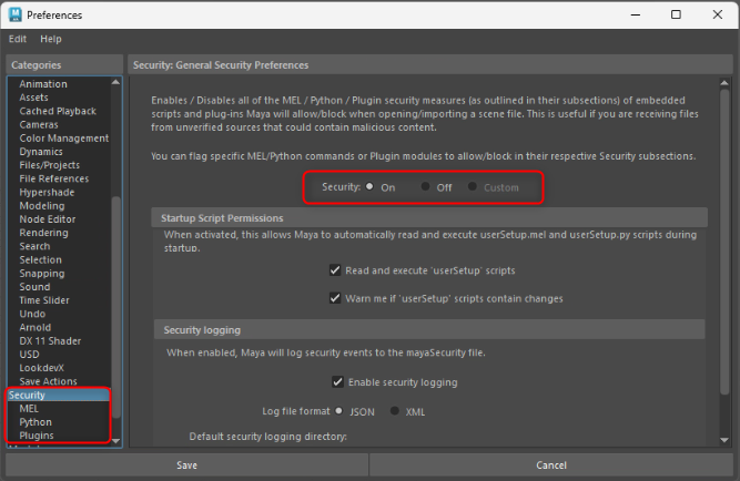 Maya PreferencesのSecurity設定をOnにした状態