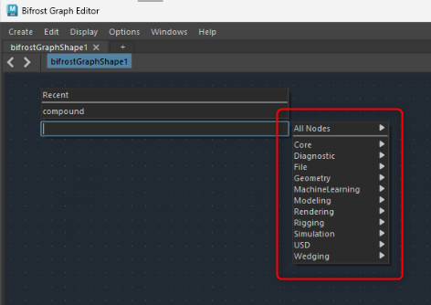 Bifrost Graph EditorのTabメニューに名前空間別のノードカテゴリが表示された状態