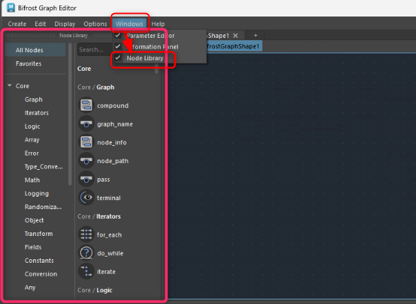 Bifrost Graph EditorでWindowsメニューからNode Libraryを表示した状態