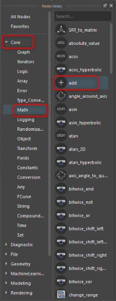 Bifrost Node LibraryでCoreのMath階層にあるaddコンパウンドを選択した状態