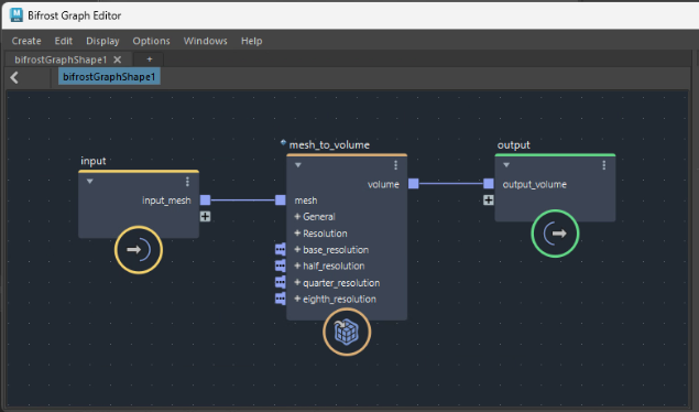 Bifrost Graph Editorでmesh_to_volumeをグラフのinput_meshポートとoutput_volumeポートへ接続した状態