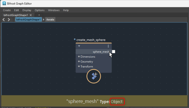 Bifrost Graph Editorでcreate_mesh_sphereのsphere_meshポートにObject型のツールチップを表示した状態