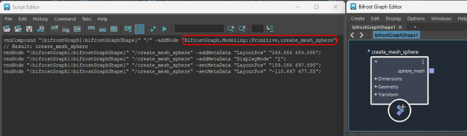 Maya Script Editorの実行履歴からcreate_mesh_sphereのノードタイプを確認する表示
