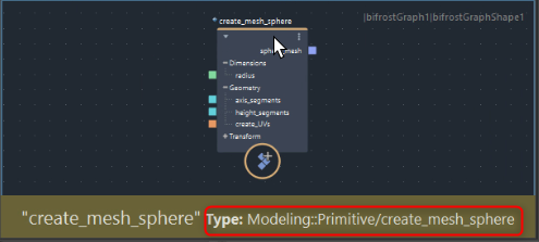 Bifrost Graph Editorでcreate_mesh_sphereにカーソルを合わせノードタイプを確認する表示