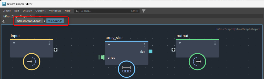 Bifrost Graph Editor上部でbifrostGraphShape1配下のcompound1階層を確認する表示